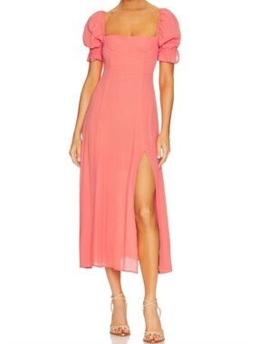 WeWoreWhat Revolve Puff Sleeve Midi Dress Coral Orange Pink 6